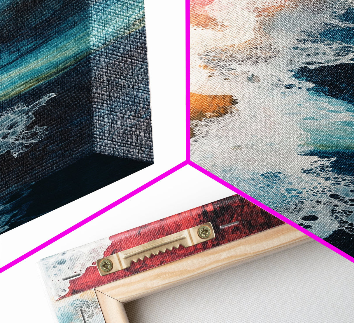 Fiery Ocean Wave, pink orange wall art, coastal landscape art, teal wall art, moody art, ocean abstract art, Framed Canvas Print