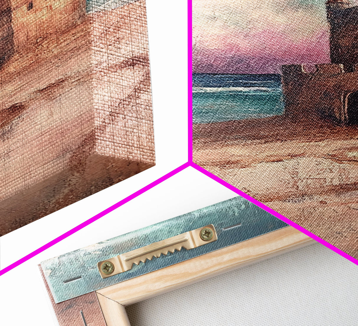 Fantasy Castle Framed Canvas Print Dreamy Coastal Art, Whimsical Beach Painting, Living Room Wall Decor, Pastel Ocean Landscape
