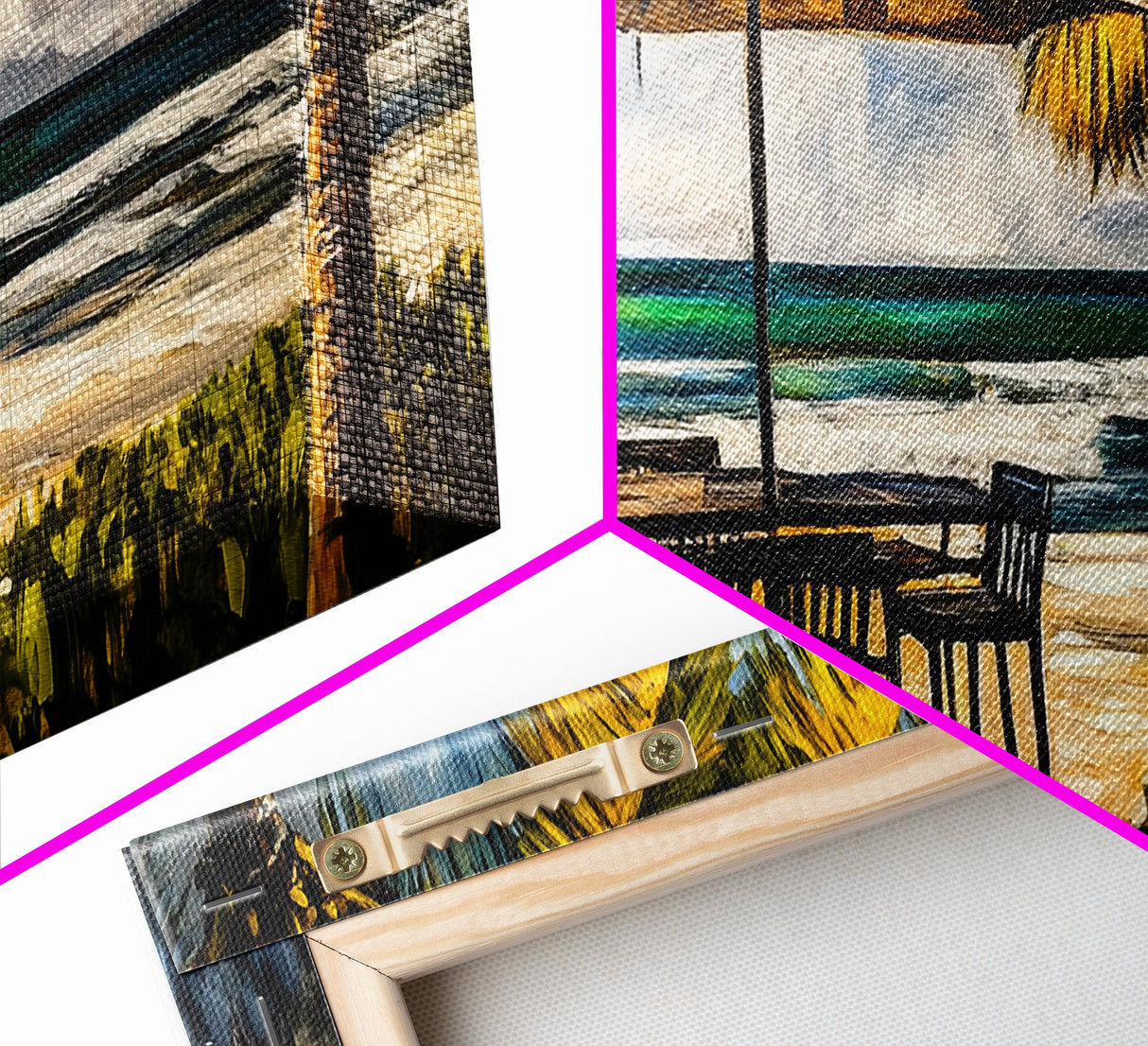 Oceanfront Cafe, Tropical Beach View, Nautical Home Art, Relaxing Coastal Decor, Boho Beach House, Seaside Paradise, Framed Canvas Print