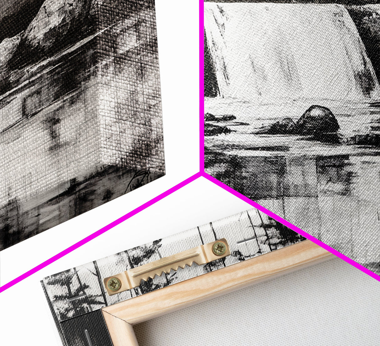 Waterfall Landscape, Black and White Nature Art, Forest Wall Decor, Rustic Art, Minimalist Landscape, Cabin Artwork, Framed Canvas Print