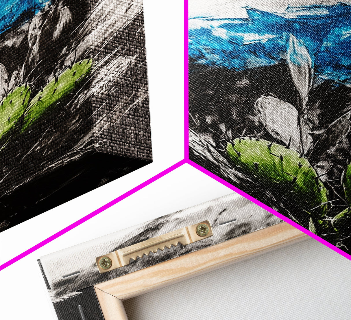 Desert Cactus Painting, Blue Sky Black White, Framed Canvas Print, Modern Southwest Art, Rustic Wall Decor, Minimalist Nature Art