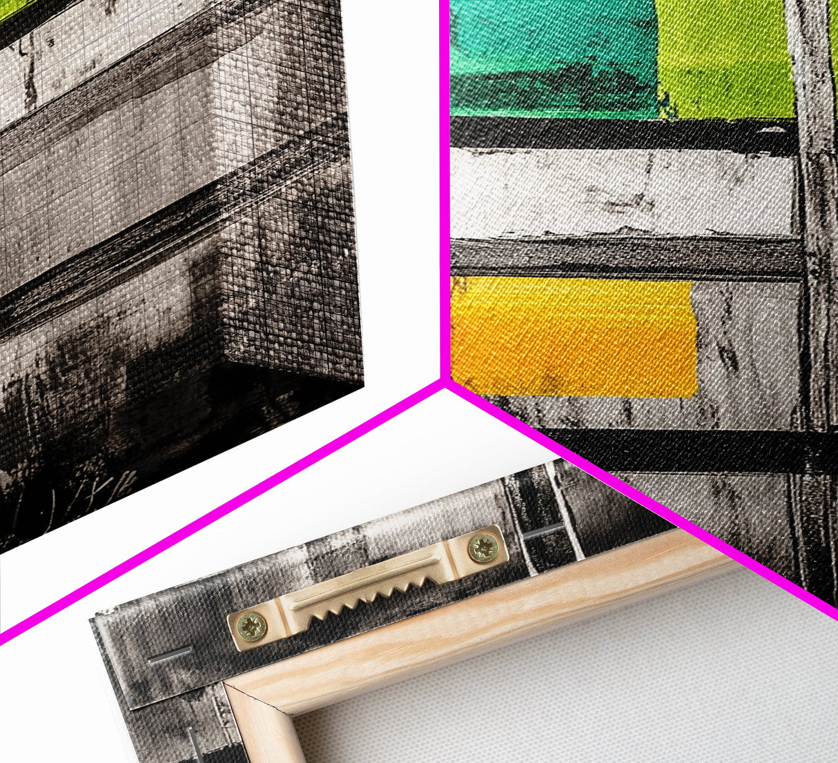 Modern Window Abstract, Black and White with Green and Yellow, Geometric Wall Art, Contemporary Interior Design, Framed Canvas Print
