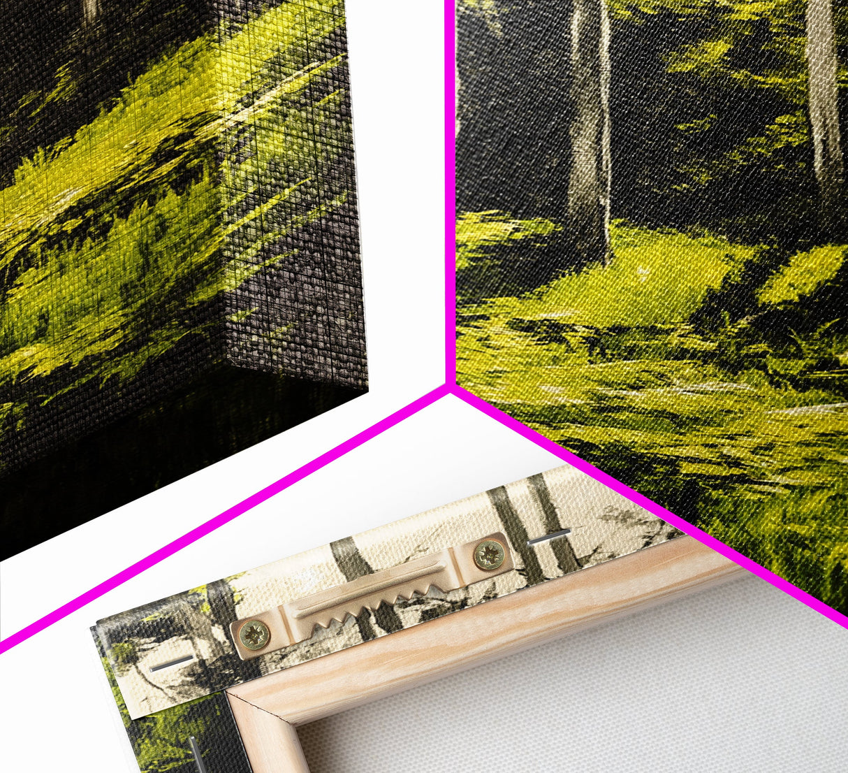 Forest Scene, Green Woodland Art, Sunlit Trees Print, Serene Nature Wall Decor, Cozy Cabin Art, Framed Canvas Print, Rustic Home Decor