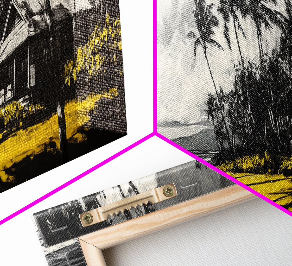 Tropical Beach House, Coastal Landscape Painting, Black and White Palm Tree Print, Island Wall Decor, Relaxing Canvas Print, Framed Canvas Print
