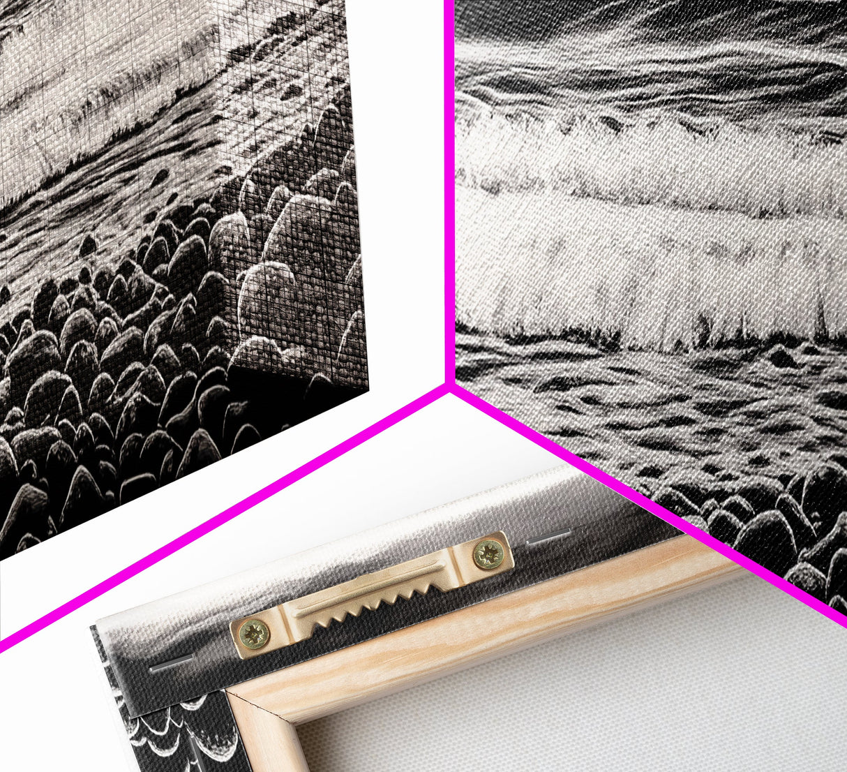 Black and White, Pebble Beach, Monochrome Ocean Art, Coastal Canvas Print, Minimalist Wall Art, Living Room Decor, Framed Canvas Print