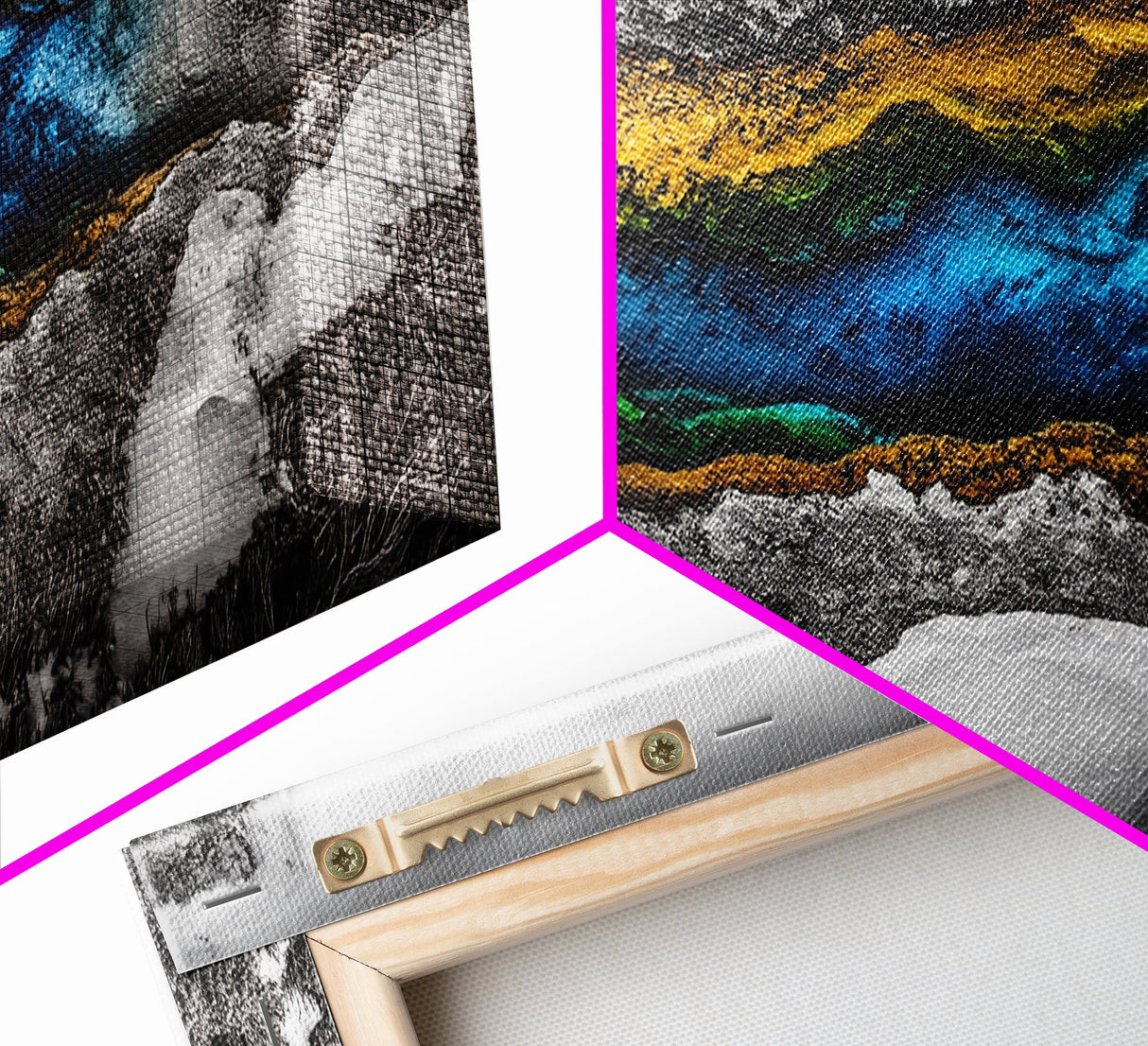 Hot Spring, Geothermal Pool Art, Abstract Nature, Deep Blue and Gold, Black and White Contrast, Unique Wall Decor, Framed Canvas Print
