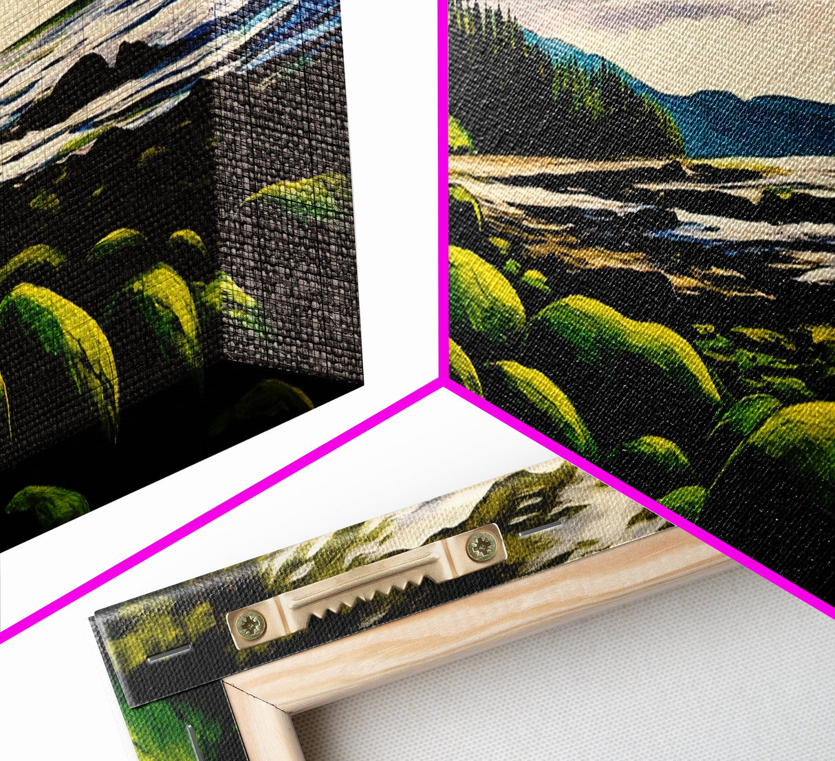 Green Rocks, Coastal Landscape, Nature Wall Art, Framed Canvas Print, Scenic Ocean Painting, Beach House Decor, Serene Wall Artwork