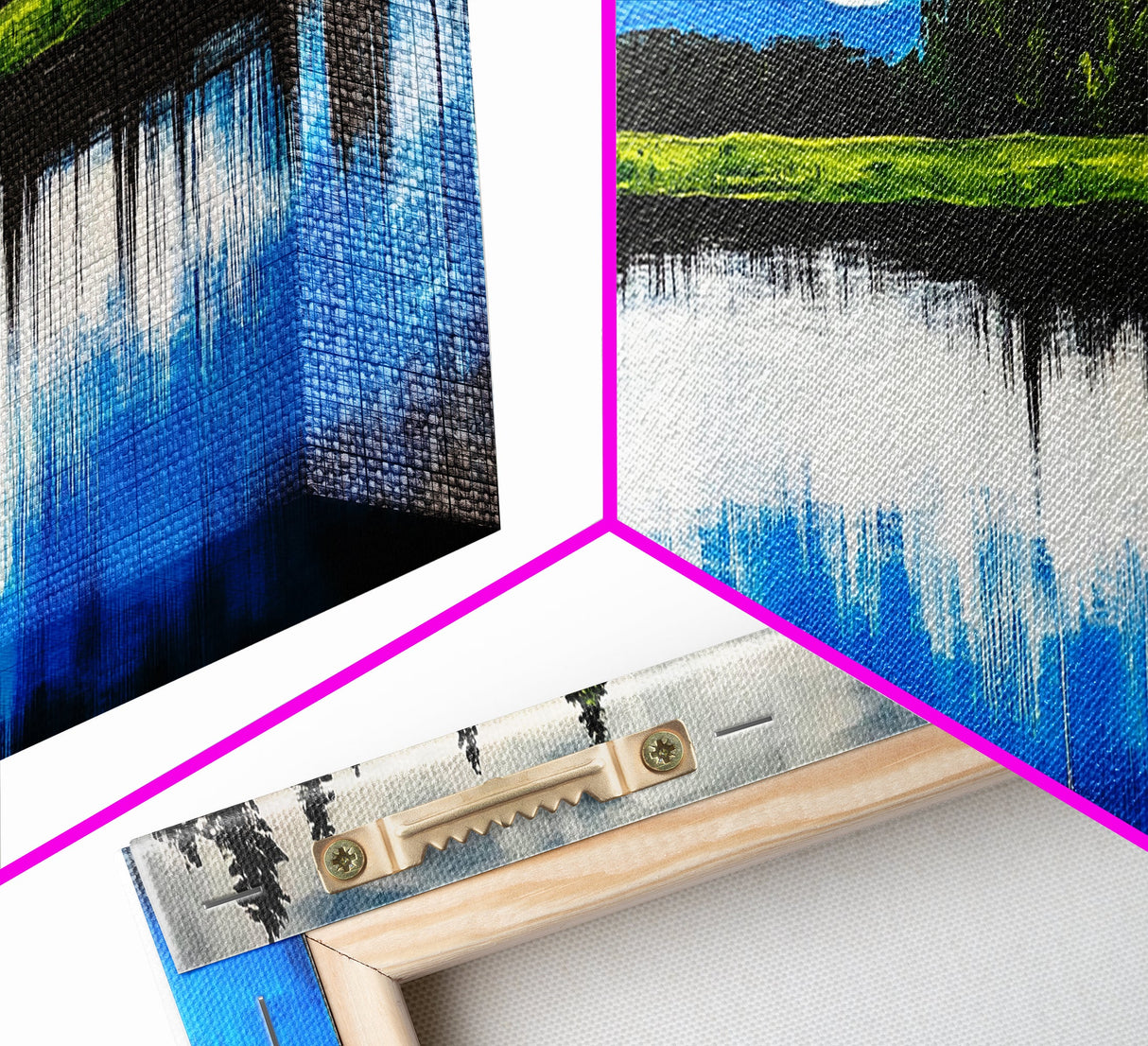 Lake Reflection, Blue Sky, Green Landscape, Framed Canvas Print, Large Wall Art, Nature Painting, Office Decor, Living Room Wall Art