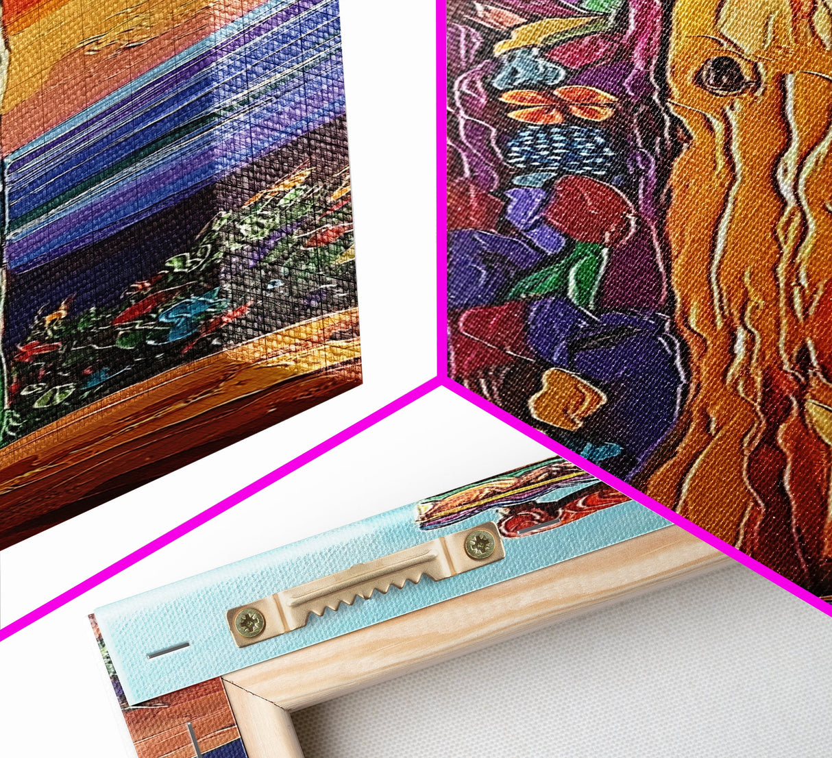 Totem, Ocean, Sunset, Whimsy - Framed Canvas Print, Coastal Totem Wall Art, Whimsical Beach House Decor, Colorful Folk Art Living Room Style