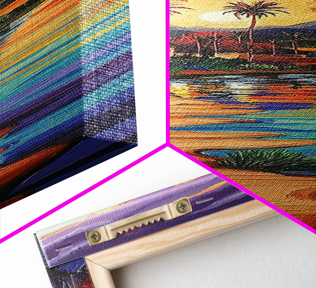 Sunset, Palm Trees, Water, Reflection, Framed Canvas Print, Tropical boho art ideal Living Room Wall Art or Beach House Coastal Decor