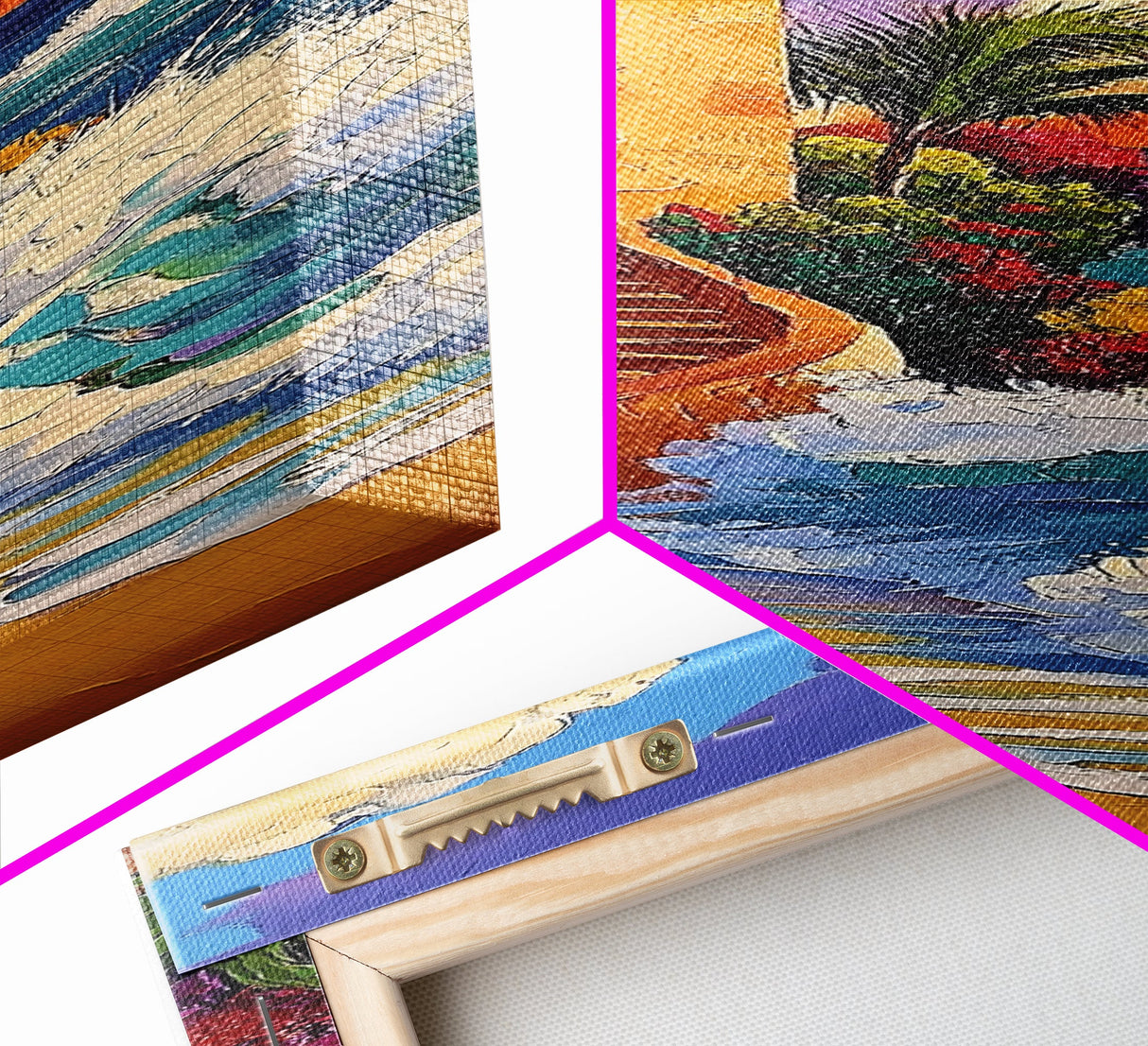 Coastal Villa, Sunset, Ocean Waves Framed Canvas Print, Mediterranean Style Wall Art, Colorful Beach Home Decor, Seaside Painting