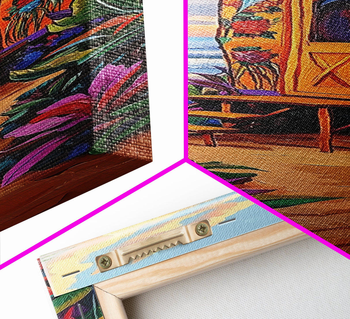 Tropical Camper, Beach Sunset, Framed Canvas Print, beach house wall decor, boho camper wall art, colorful coastal painting, fun summer vibes