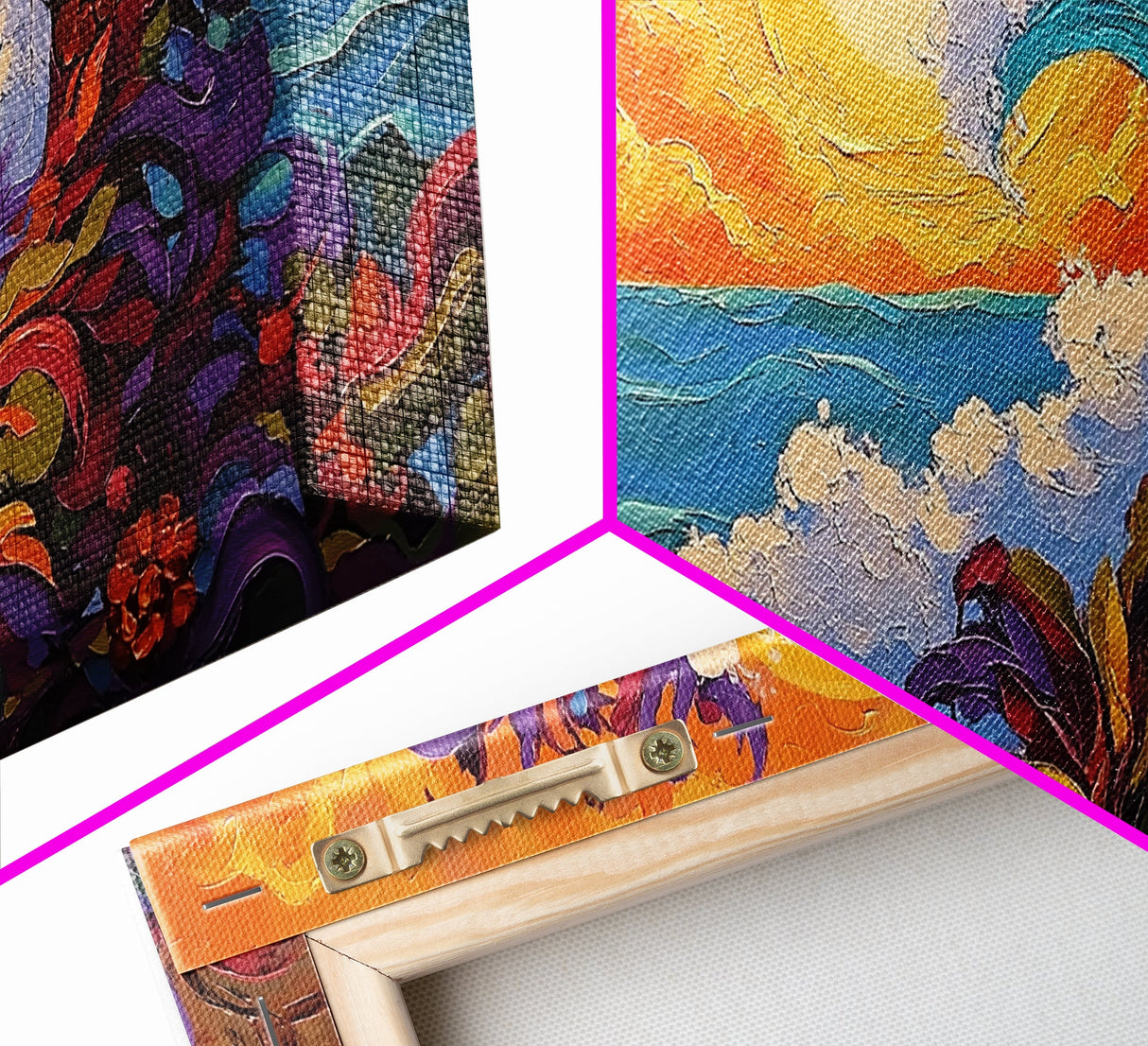Ocean Wave, Sunset, Lighthouse, Framed Canvas Print vibrant coastal art, whimsical seascape painting, tropical decor, beach wall art