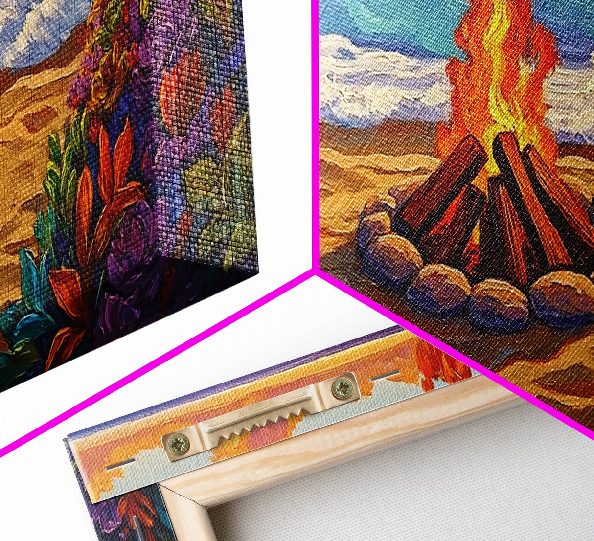 Fire Beach, Ocean, Framed Canvas Print, Sunset Beach Bonfire Painting, Vibrant Coastal Campfire Wall Art, Boho Living Room Decor