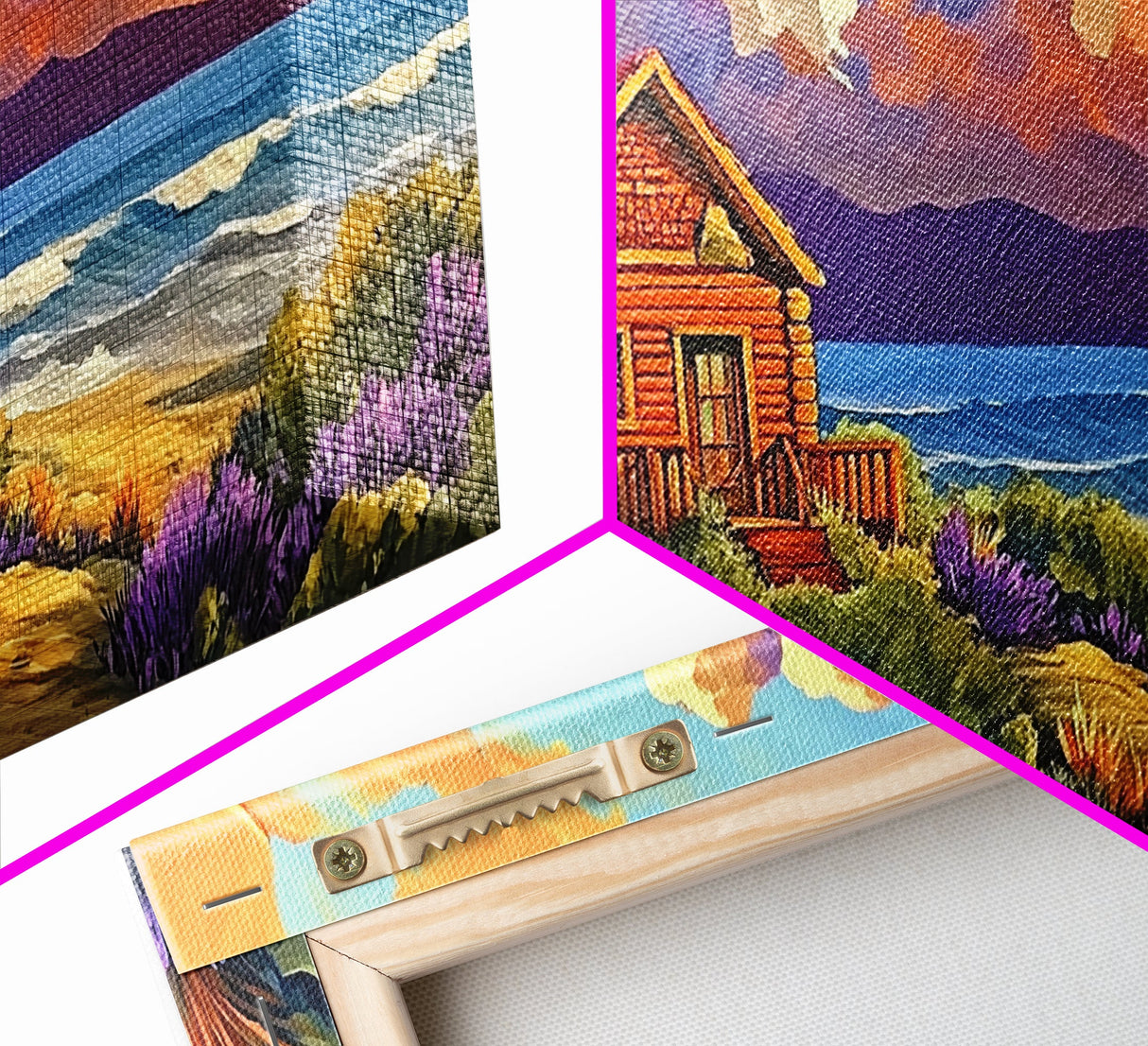Cabin by Ocean, Colorful Beach Sunset, Cloudy Sky Art, Canvas Print, Autumn Wall Decor, Cozy Living Room Art, Rustic Coastal Scene