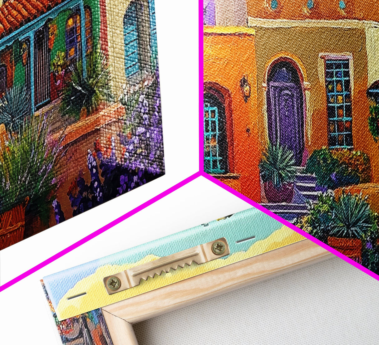 Colorful Adobe Homes, Desert Village Scene, Southwest Art Style, Canvas Print, Boho Wall Decor, Vibrant Courtyard Painting
