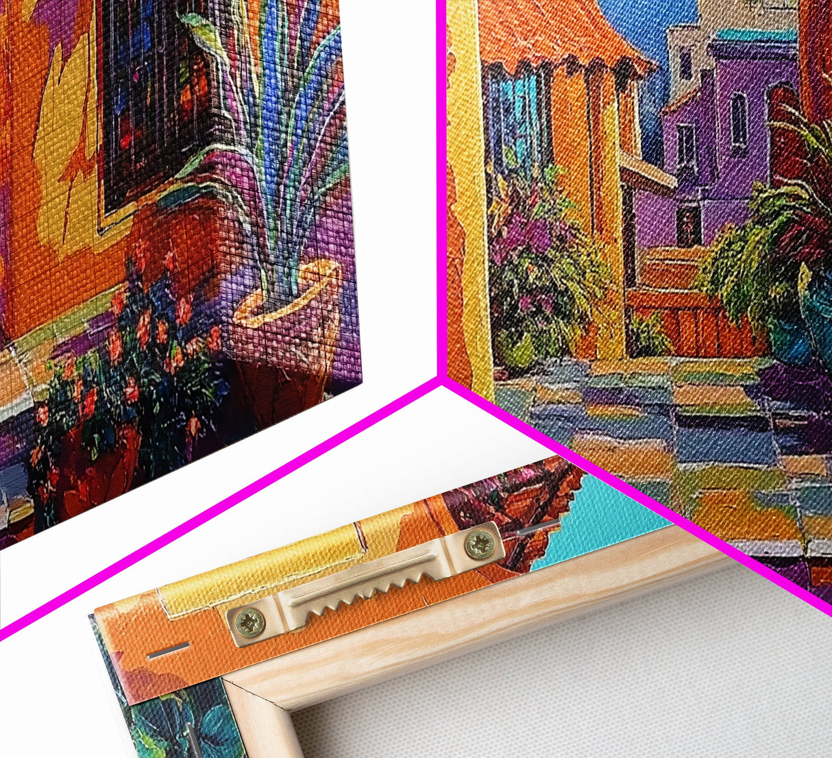 Spanish Courtyard, Colorful Villa Street, Southwest Patio Art, Framed Canvas Print, Mediterranean Home Decor, Rustic Wall Art
