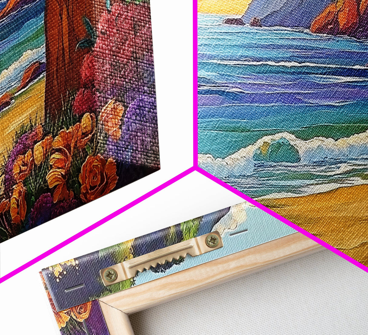 Ocean Cliffside, Flowers, Canvas Print, Colorful beachscape painting, Bathroom Wall Art, vibrant coastal decor,beach flower wall art