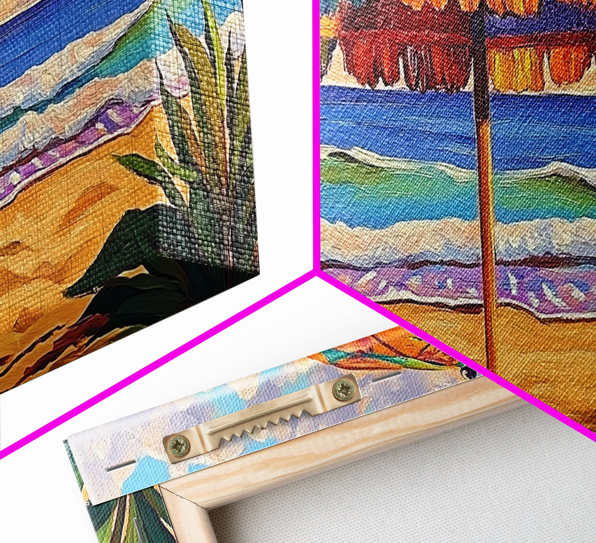 Umbrella Beach, Ocean, Framed Canvas Print, Colorful Beach Umbrella Painting, Retro Coastal Wall Decor, Summer Kitchen Art