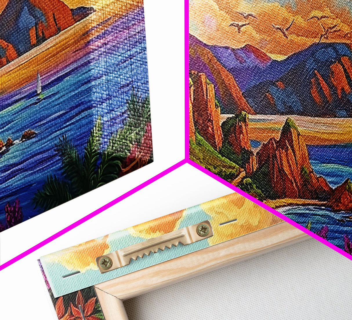 Coastline Mountains, Sunset, Landscape, Framed Canvas Print, Seascape Wall Art, Coastal Decor, Colorful Landscape, Living Room Beach Art