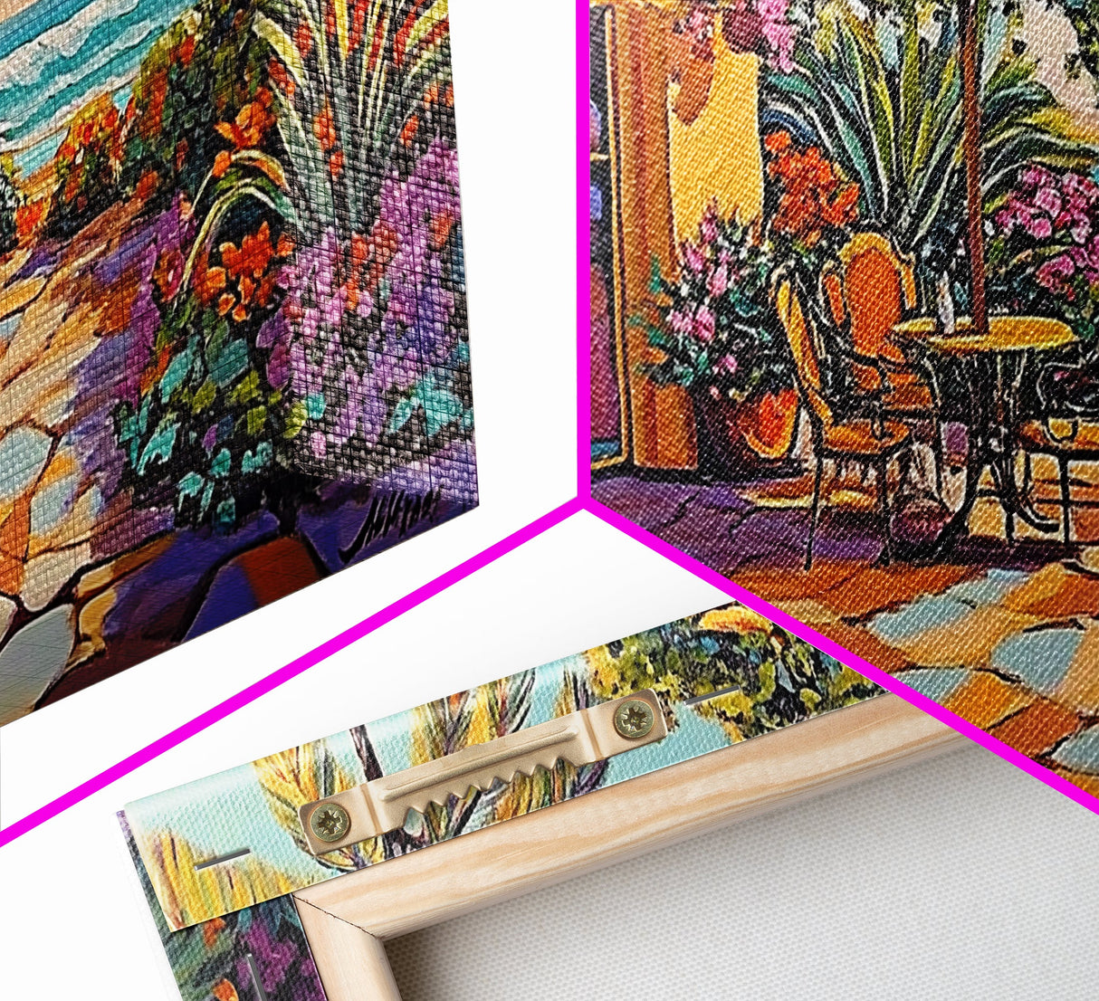 Patio Palm, Ocean, Framed Canvas Print, Tropical Patio Garden Scene, Warm Mediterranean Style Wall Decor, Dining Room Art