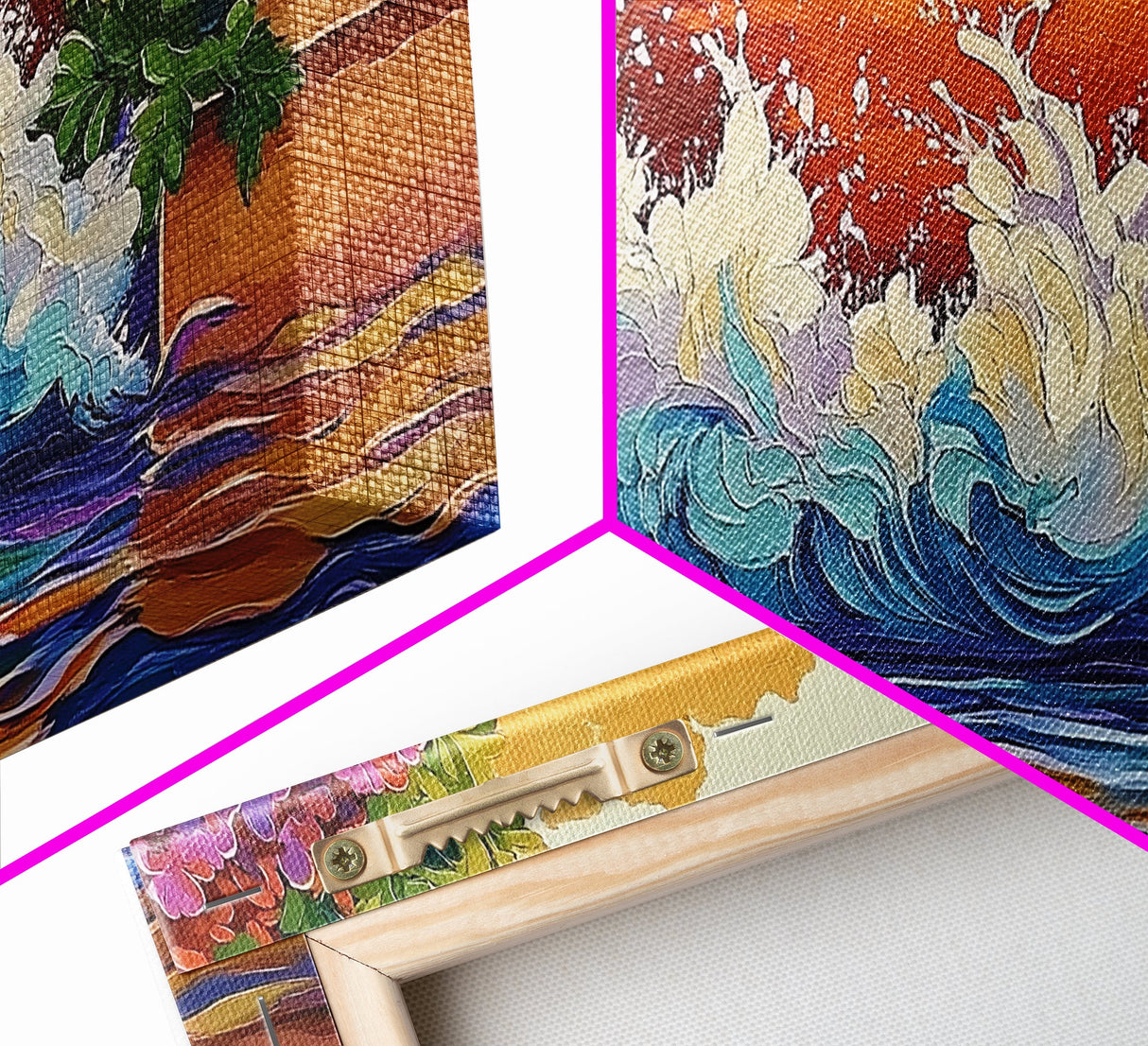 Splash Ocean, Garden, Patio, Canvas Print, bold wave crashing, vibrant tropical garden wall art, outdoor decor, boho coastal style