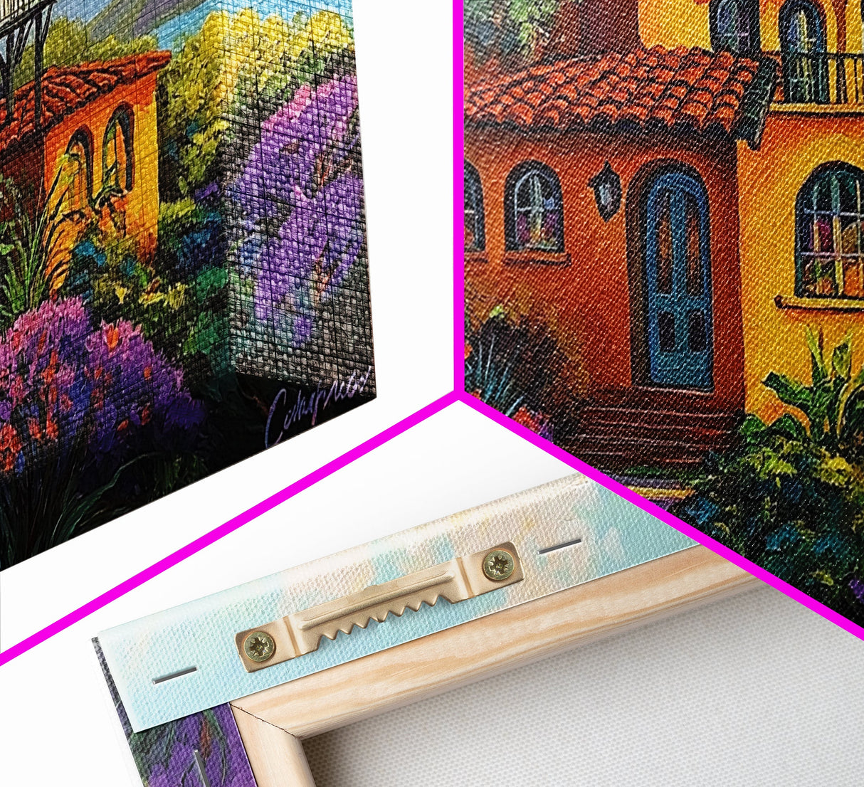 Villa Hillside, Coastal, Colorful, Framed Canvas Print Mediterranean house art, vibrant landscape painting, kitchen boho decor print