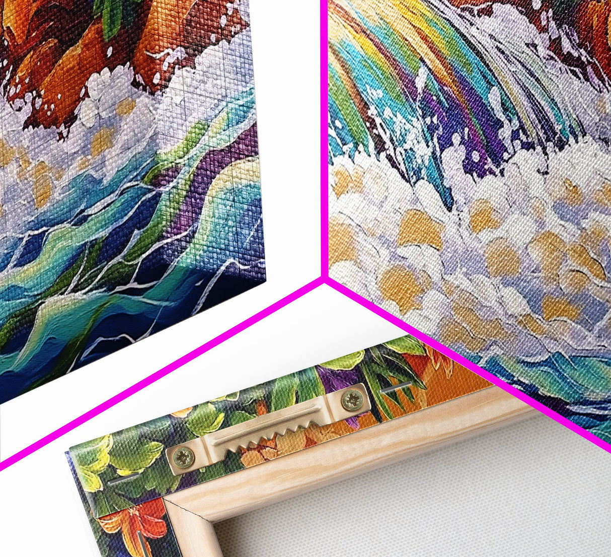 Rainbow, Waterfall, Jungle, Sunset, Framed Canvas Print Tropical boho art, bathroom art, living room decor, floral nature painting