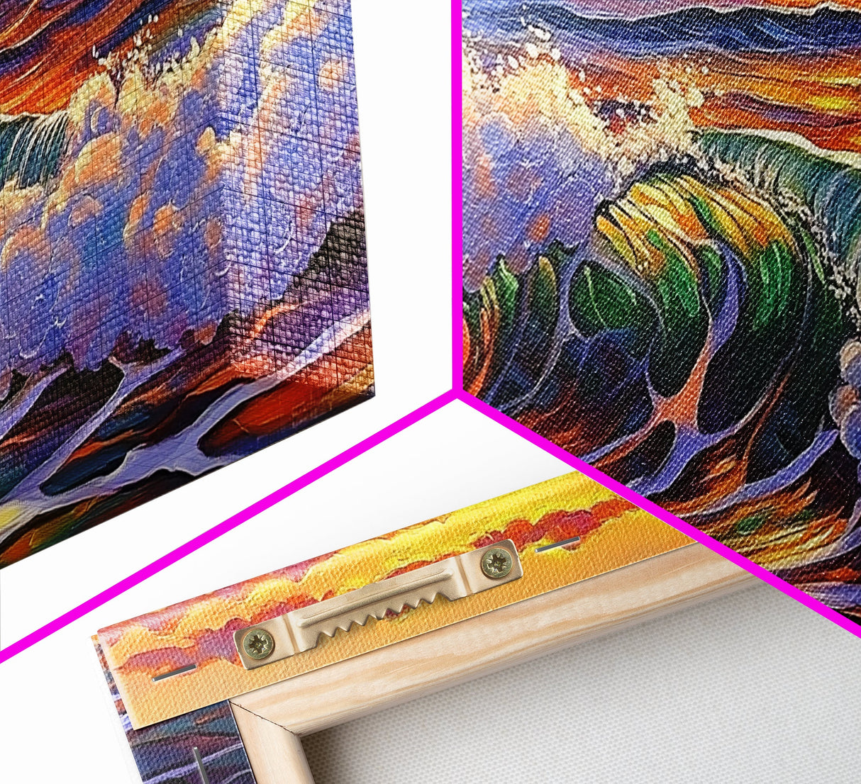 Wave Ocean, Sunset, Surf, Framed Canvas Print, tropical wave wall decor, surf boho art, vibrant beach bathroom or office wall art
