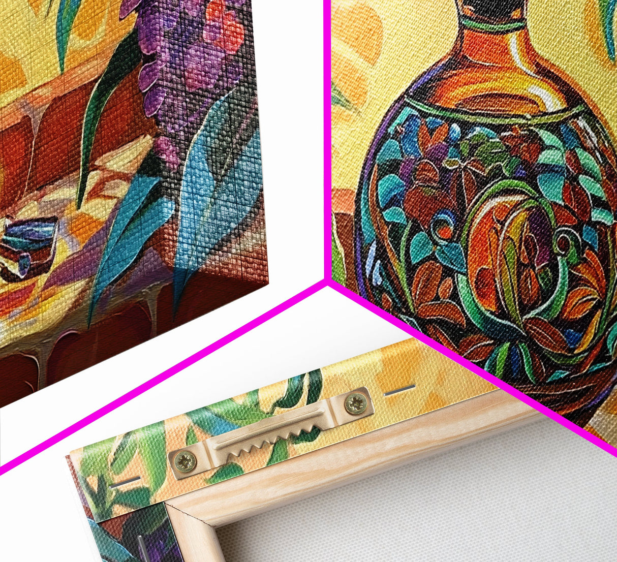 Tequila Bottle, Floral, Decor, Framed Canvas Print, Mexican kitchen wall art, vibrant bottle painting, fiesta bar wall boho artwork