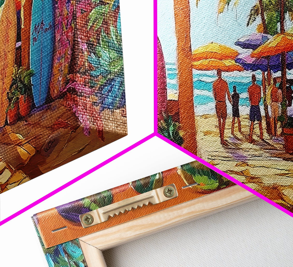 Surfboards Beach, Tropical, Colorful Life, Framed Canvas Print, Coastal Art, Entryway Wall Decor, Surf Shack Vibes, Tropical Summer
