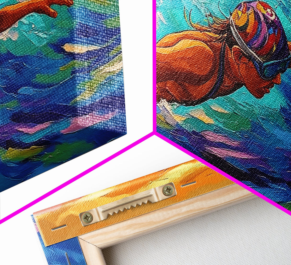 Swimmer Waves, Sunset, Athletic Art, Framed Canvas Print, Ocean Decor, Fitness Wall Art, Bedroom Inspiration, Bold Summer Style