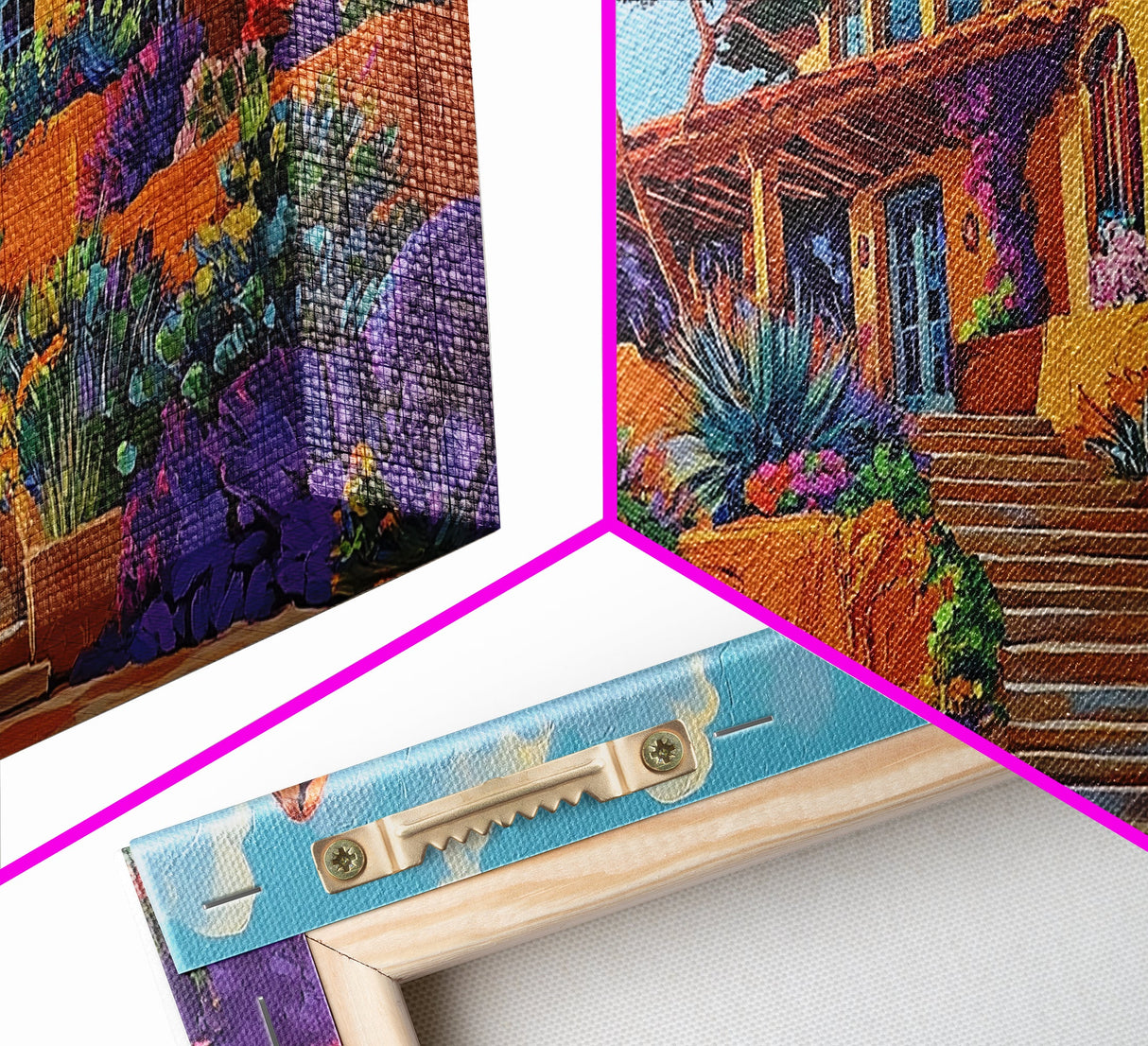 Villa Garden, Adobe, Colorful, Framed Canvas Print, vibrant Mexican villa wall art, blooming flowers, southwestern kitchen décor