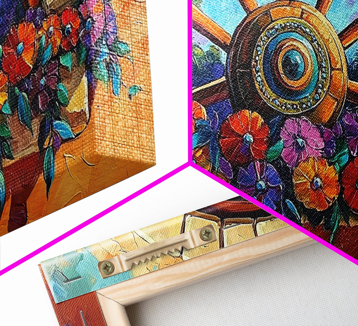 Rustic Floral, Window, Art, Framed Canvas, Print Mexican flower wagon wheel wall art, vibrant southwestern decor, boho patio print
