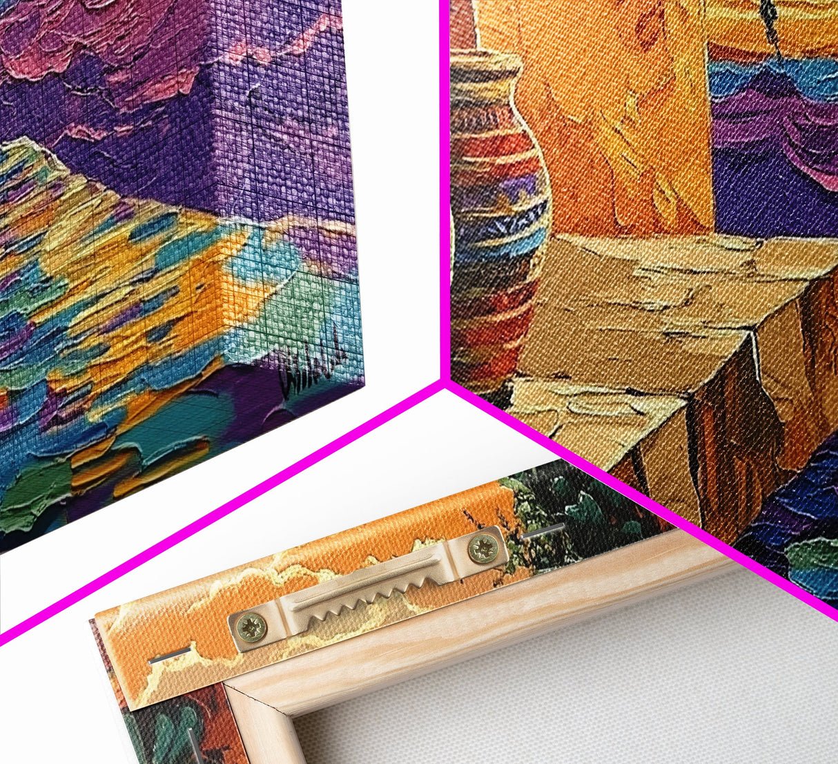 Sunset Terracotta, Patio, Art, Framed Canvas Print, Colorful Mexican pottery scene, vibrant tropical wall art, boho entryway decor