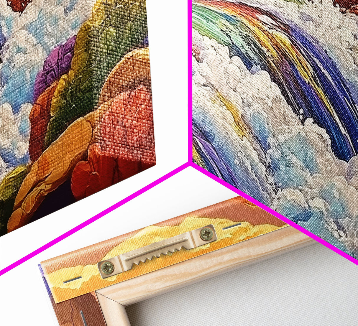 Waterfall Rainbow, Canyon, Bold, Framed Canvas Print vibrant nature bathroom decor, boho rainbow mountain wall art, fantasy print