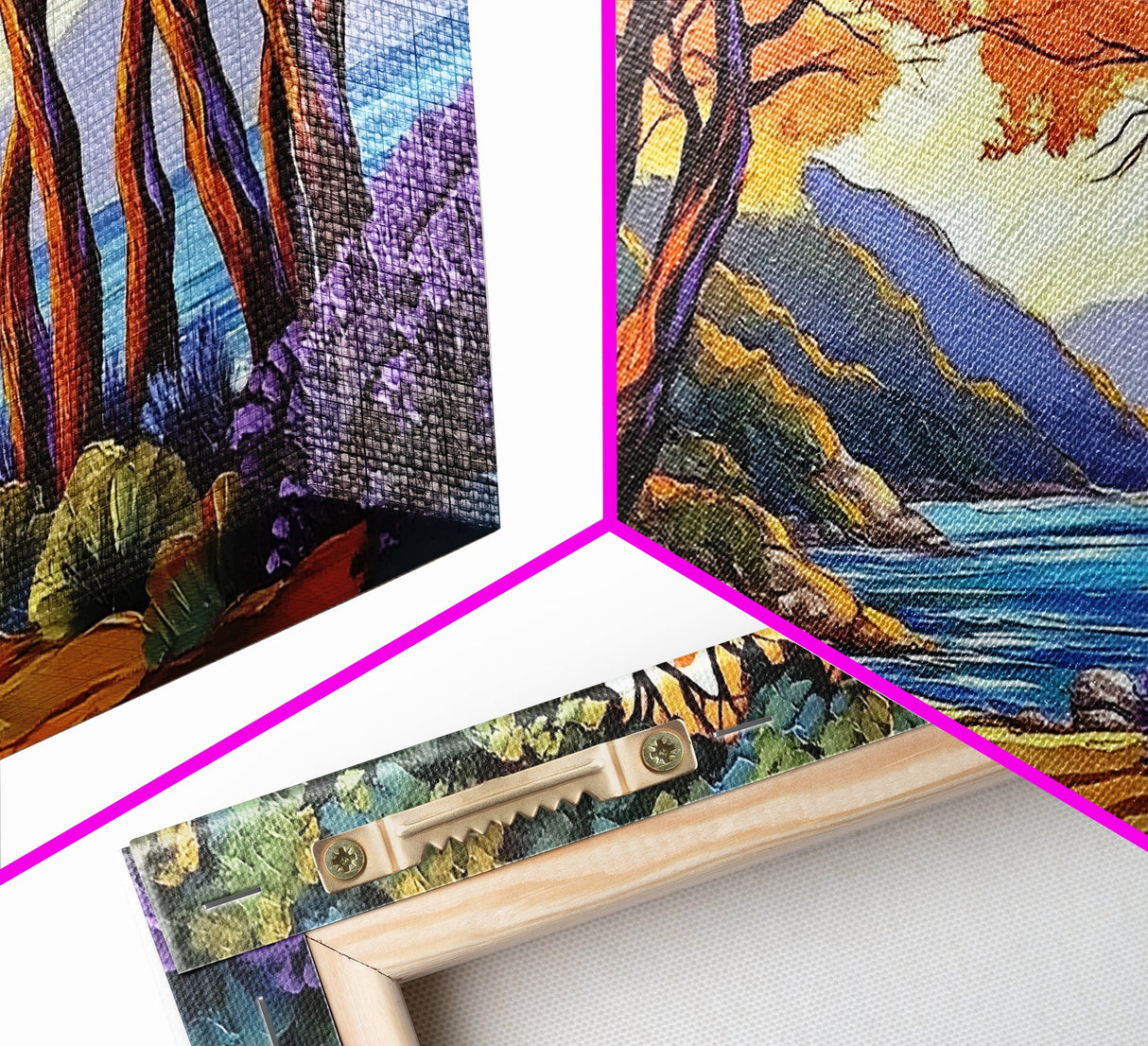Trees Autumn, Ocean Trail, Canvas Print, Fall landscape, trees leading to ocean view, colorful palette, Living Room Wall Art