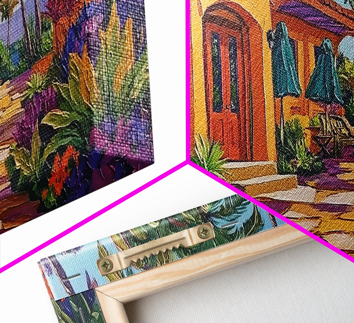 Villa, Palm Trees, Pathway, Lush Garden, warm tropical Canvas Print, boho patio decor, summer bungalow living room wall art