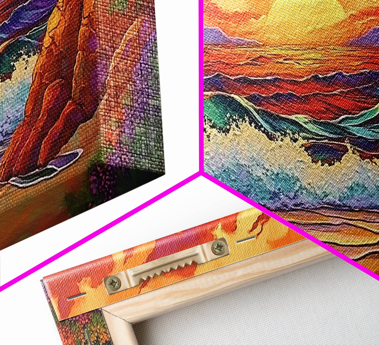 Sunset Waves, Rocks, Framed Canvas Print, Vibrant ocean sunset, crashing waves cliffs painting, Coastal Decor, Beach House Wall Art