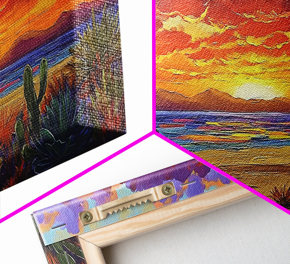 Sunset Beach, Desert, Cactus, Framed Canvas Print, vivid sunset desert beach scene, boho coastal decor, southwestern wall art
