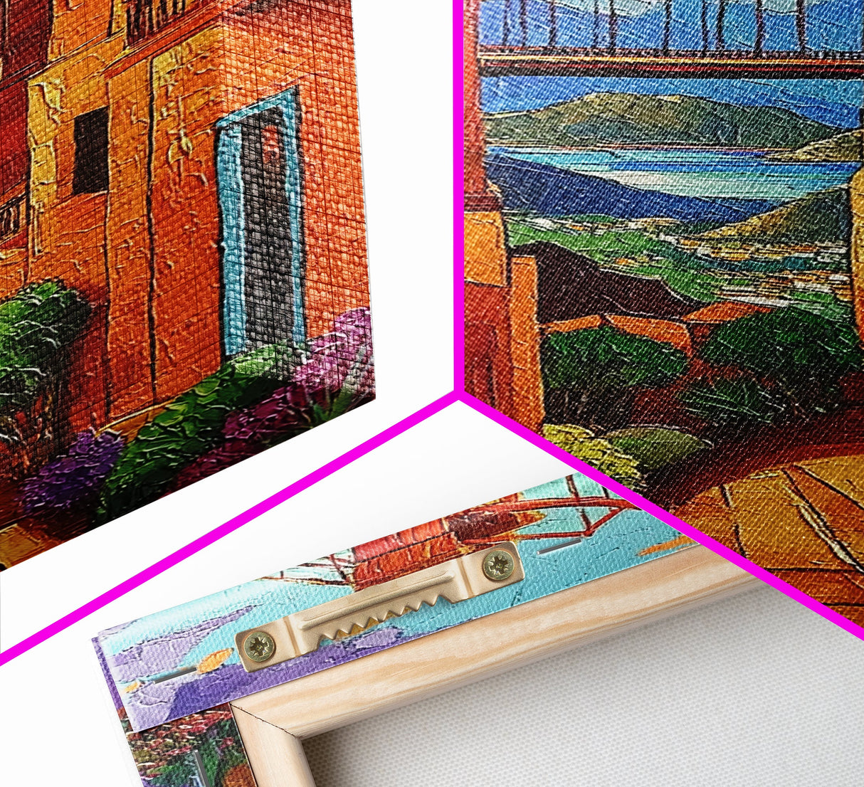 Bridge Street, Sunset, Framed Canvas Print, Colorful Cityscape Wall Art, Vibrant Urban Decor, Boho Architecture Print, Hallway Wall Art