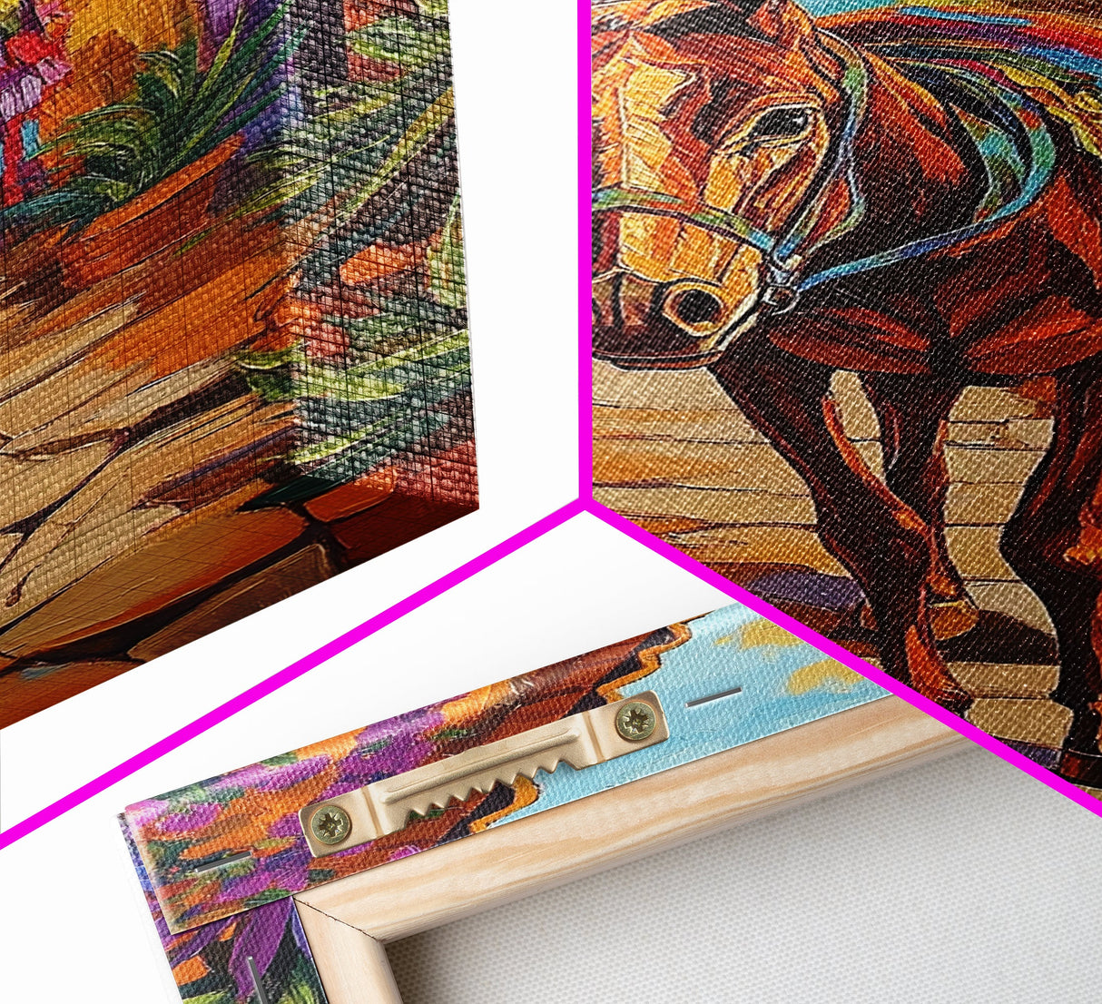 Donkey Village, Rustic, Whimsy, Framed Canvas Print, Southwestern Farmhouse Decor, Colorful Animal Wall Art, Entryway Accent Piece