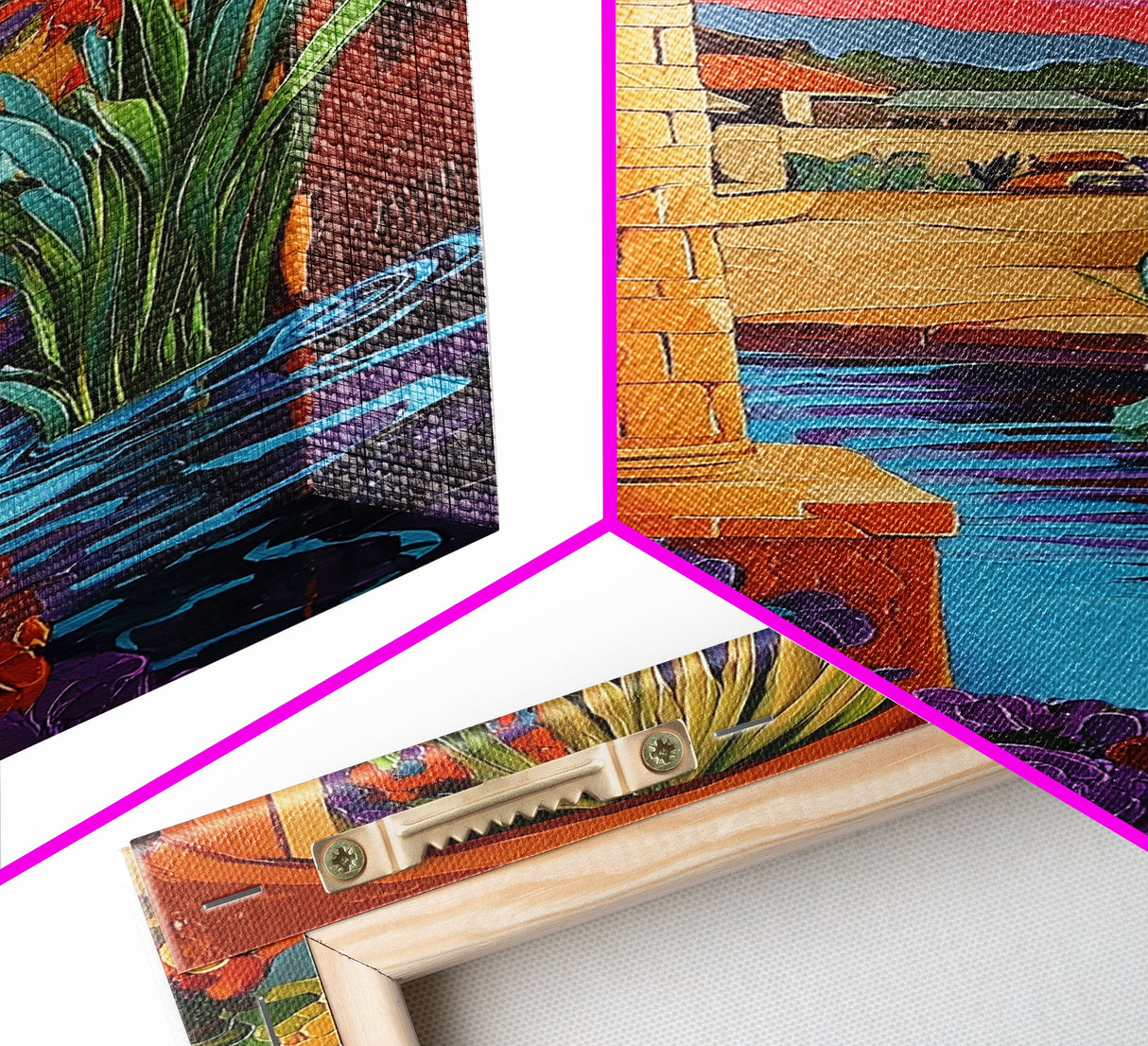 Desert Garden View, Vibrant Sunset Patio, Mexican Courtyard Scene, Framed Canvas Print, Colorful Patio Art, Kitchen Wall Art, Boho Decor