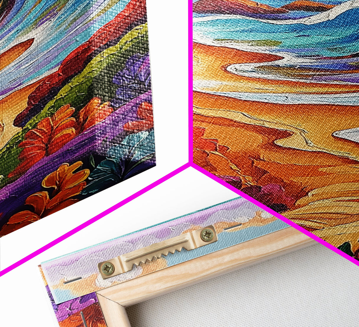 Colorful Beach, Tropical Waves, Vibrant Landscape, Coastal Flowers, Framed Canvas Print, boho art, sunroom wall decor, beach house painting