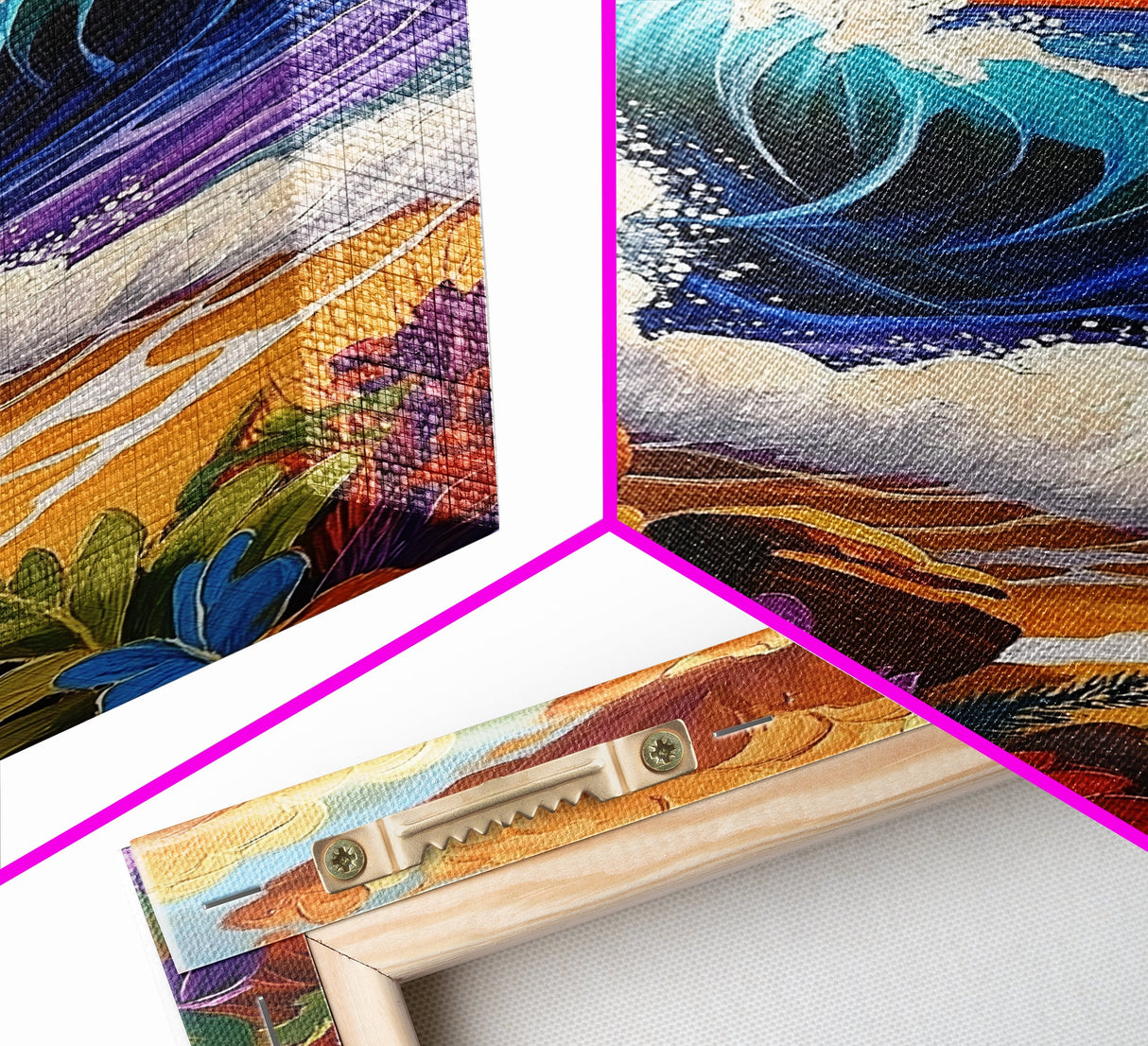 Wave Bold, Ocean, Sunset, Framed Canvas Print, Sunset surf wave crashing on rocks with bold colors, perfect beach house wall art