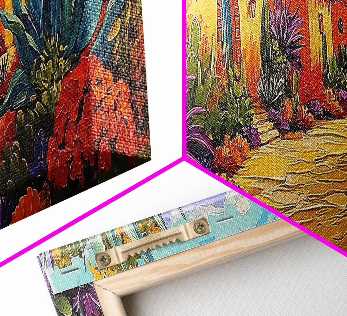 Desert Garden, Adobe Home, Cactus Pathway, Colorful Southwest, Framed Canvas Print, Kitchen Wall Art, Boho Western Decor, Vibrant Desert Scene
