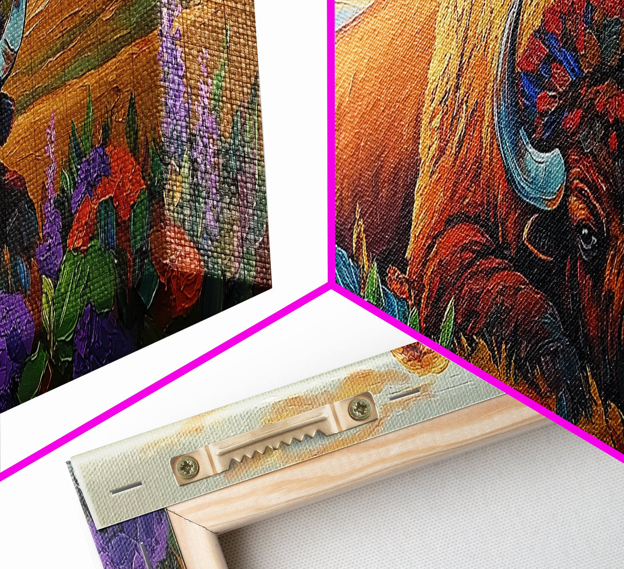 Resting Bison, Sunset Plains, Prairie Wildflowers, Framed Canvas Print, Autumn Decor, Western Wall Art, Cabin Living Room Accent