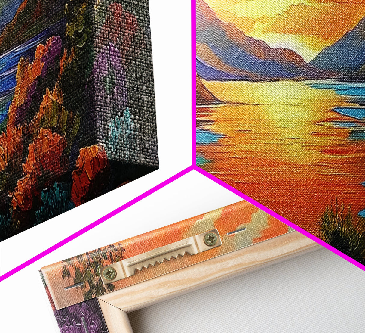 Mountain Sunset Lake, Bold Nature Landscape, Vibrant Water Reflection, Framed Canvas Print, Rustic Living Room or Cabin Wall Art