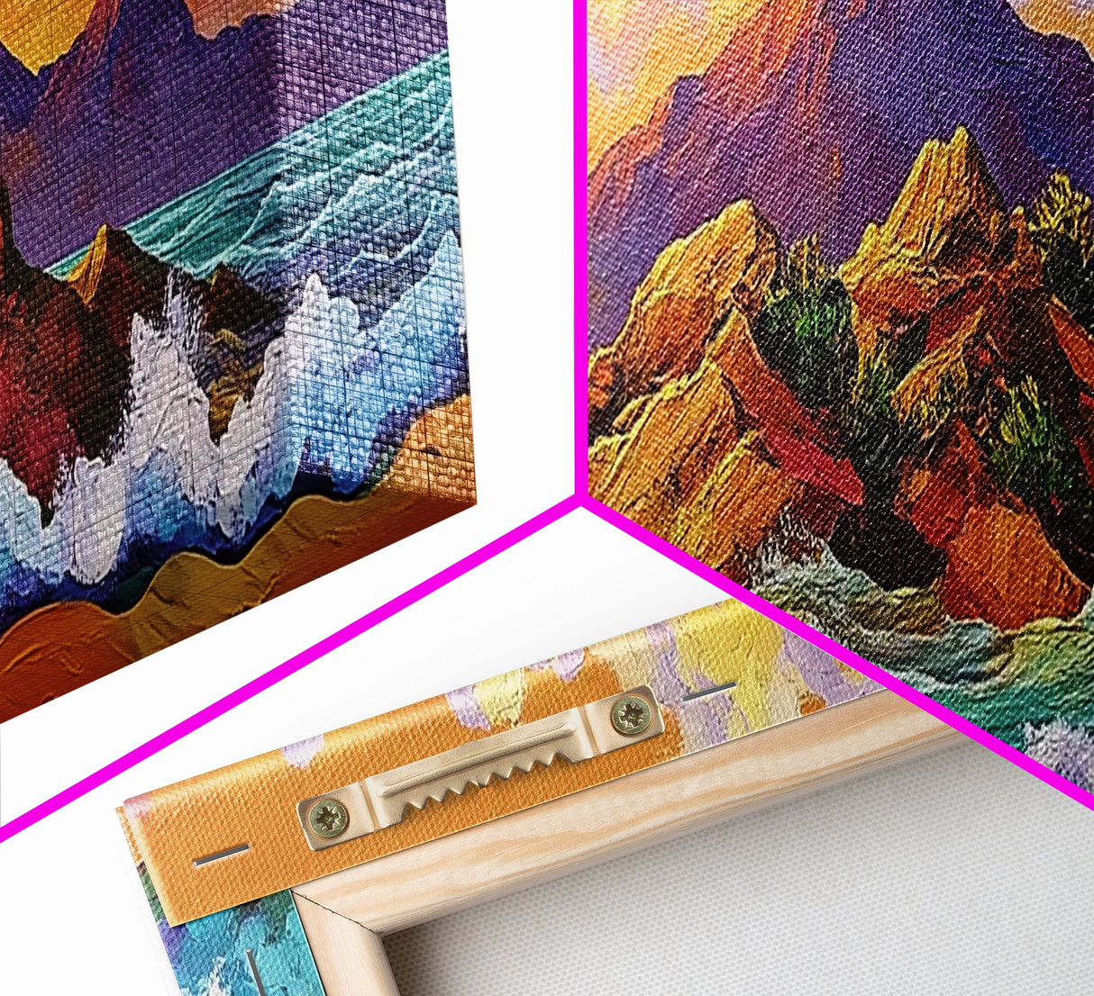 Sunset Island Scene, Bold Ocean Mountainscape, Tropical Beach Decor, Framed Canvas Print, Boho Bedroom or Vacation Home Wall Art