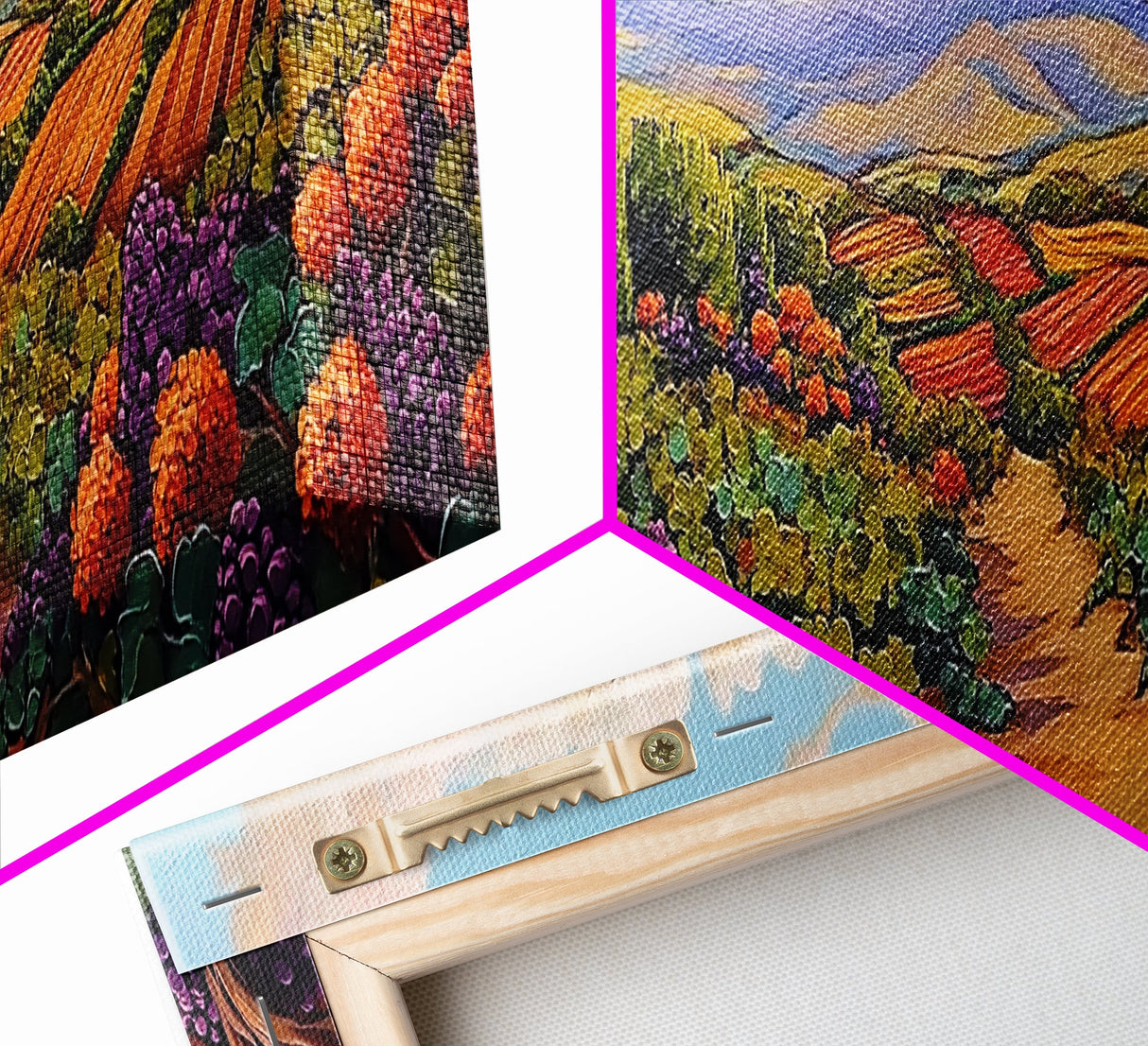 Autumn Vineyard Path, Rustic Countryside, Orange and Purple Art, Framed Canvas Print, Kitchen Wall Decor, Fall Landscape Painting